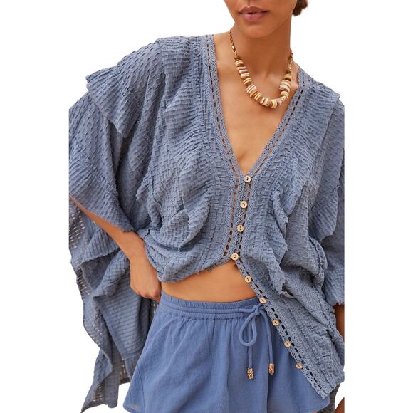 Free People Beach Size M/L Flora Tunic Ruffle button front V-neck Blue NWT - Picture 2 of 7